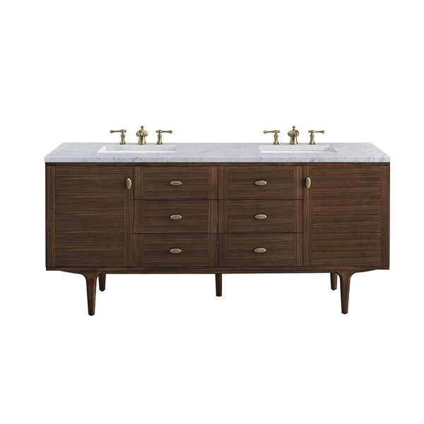 James Martin Vanities Amberly 72in Double Vanity, Mid-Century Walnut w/ 3 CM Carrara Marble Top 670-V72-WLT-3CAR - main